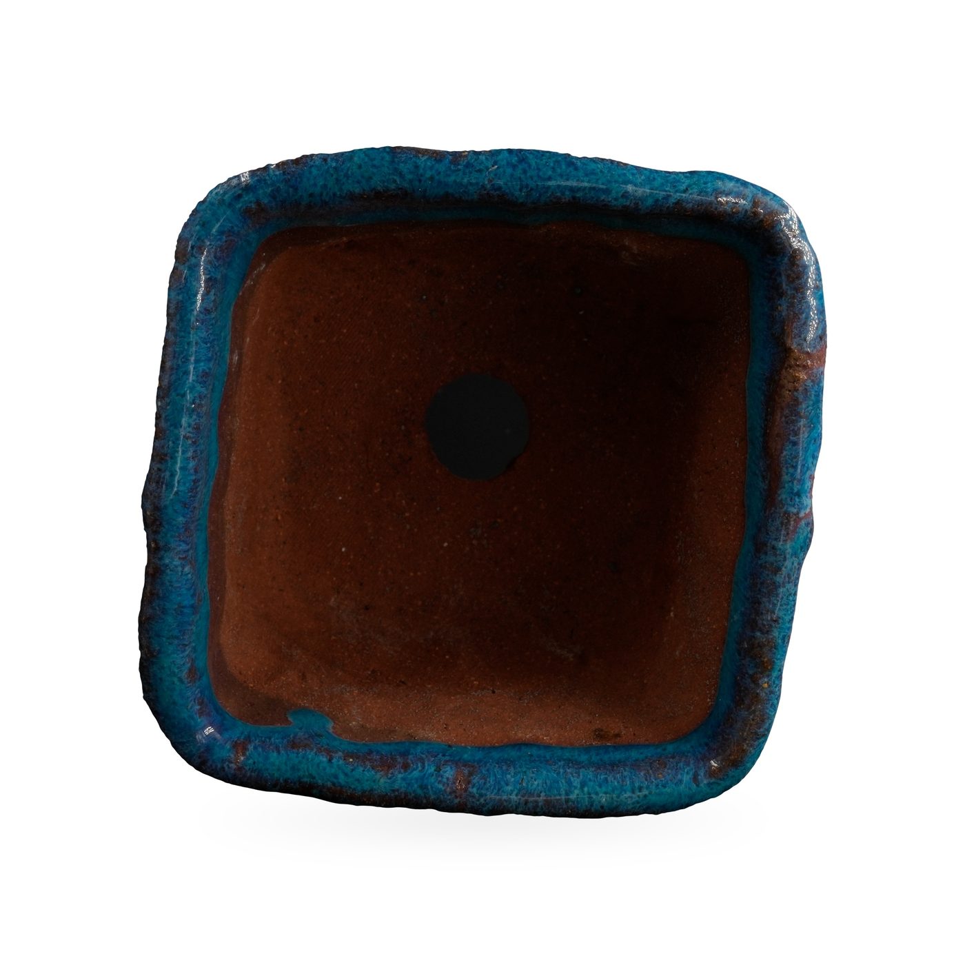Square footed pot with a glossy teal-blue drip rim, textured plum-brown body and pale feet, 10.5×8.5cm – view 3