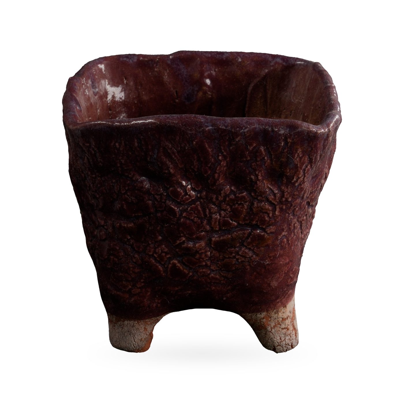 Square maroon textured-glaze pot on pale unglazed feet, 11×10cm
