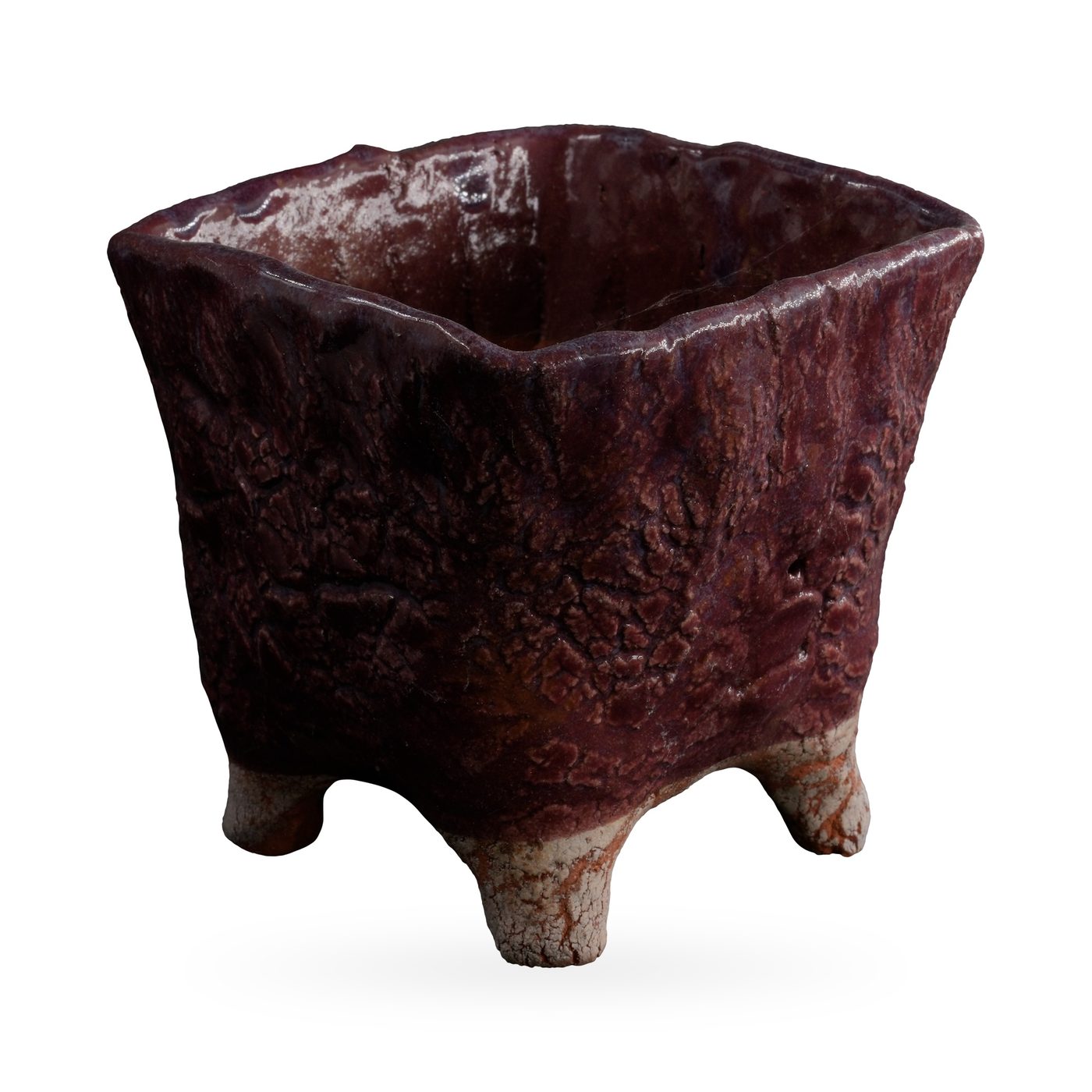 Square maroon textured-glaze pot on pale unglazed feet, 11×10cm – view 2