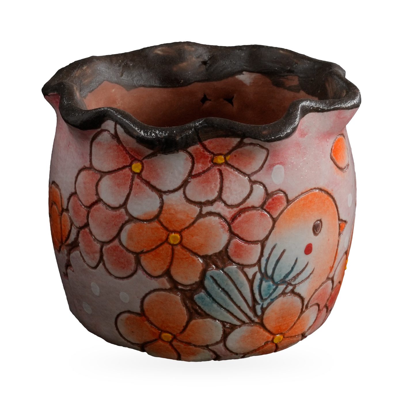 Pink painted succulent pot with orange blossoms, a small bird and a wavy dark rim