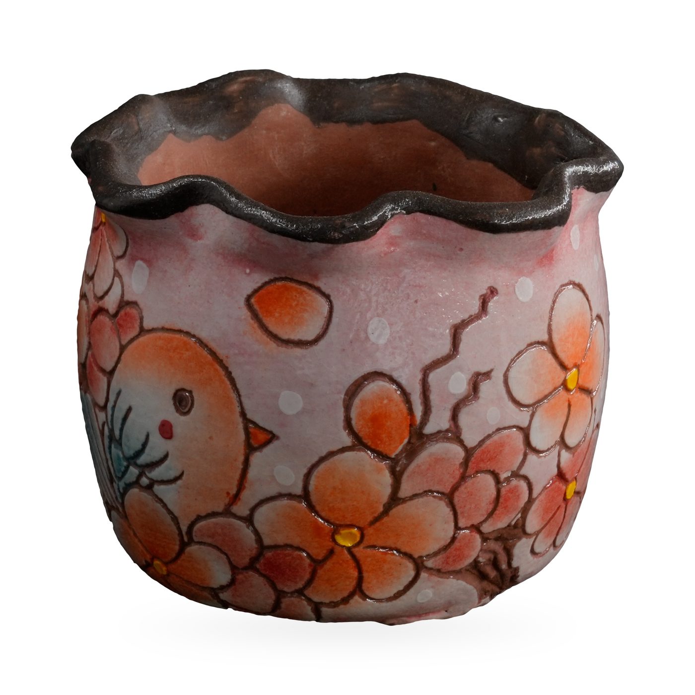 Pink painted succulent pot with orange blossoms, a small bird and a wavy dark rim – view 2