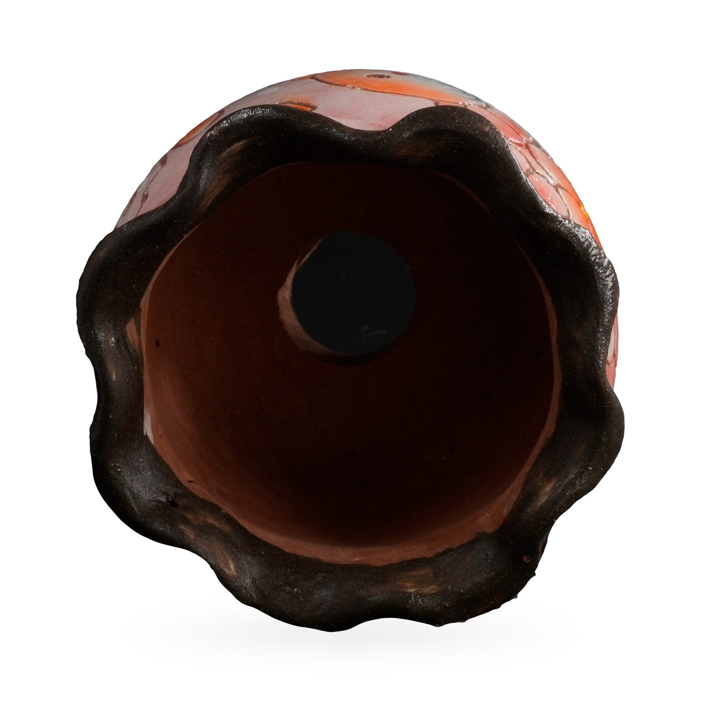 Pink painted succulent pot with orange blossoms, a small bird and a wavy dark rim – view 3
