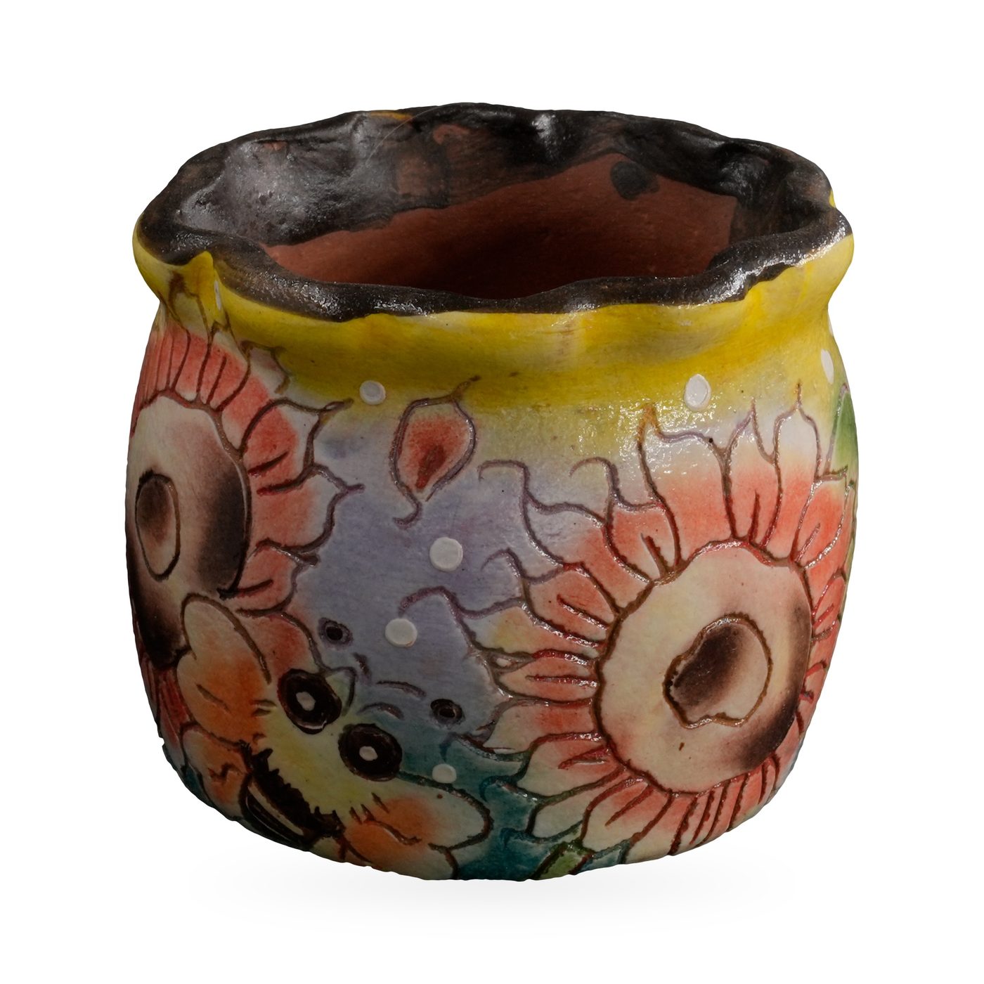 Lilac-blue painted pot with peach sunflowers, a bee and a yellow band under a wavy dark rim – view 2