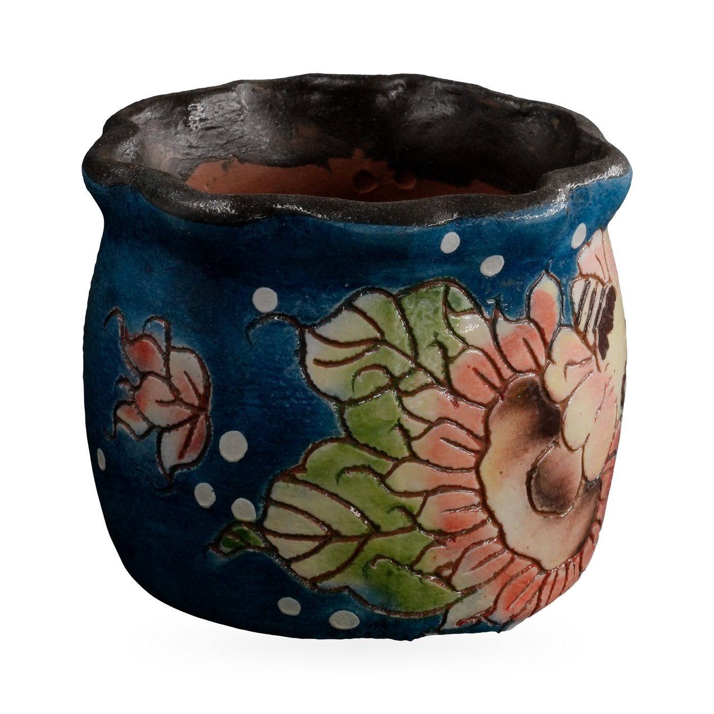 Cobalt blue painted succulent pot with peach sunflowers, a bee and a wavy dark rim