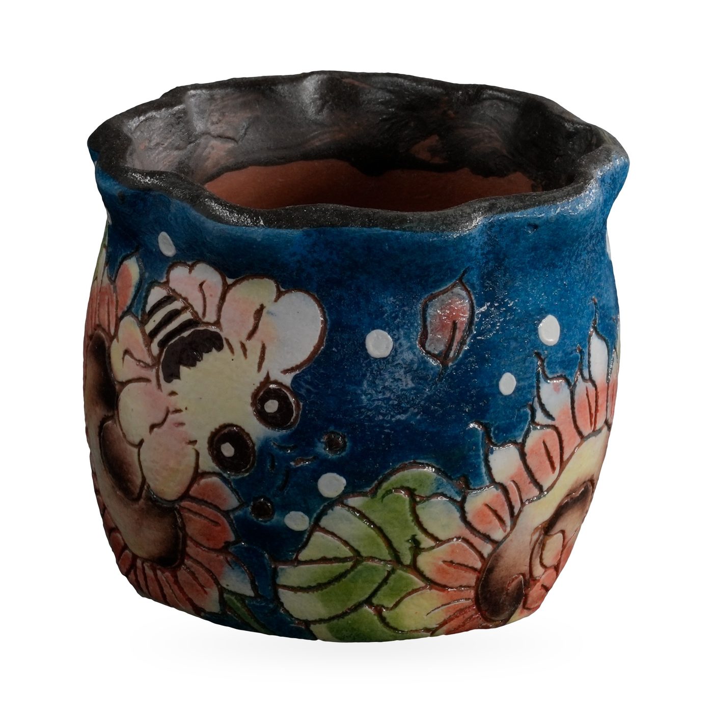 Cobalt blue painted succulent pot with peach sunflowers, a bee and a wavy dark rim – view 2