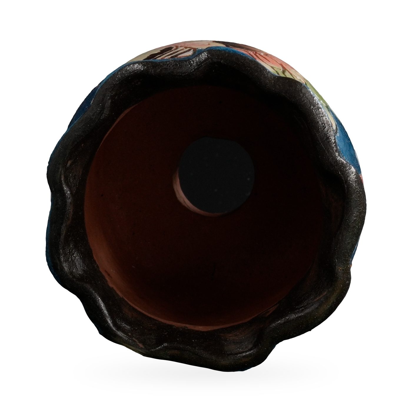 Cobalt blue painted succulent pot with peach sunflowers, a bee and a wavy dark rim – view 3