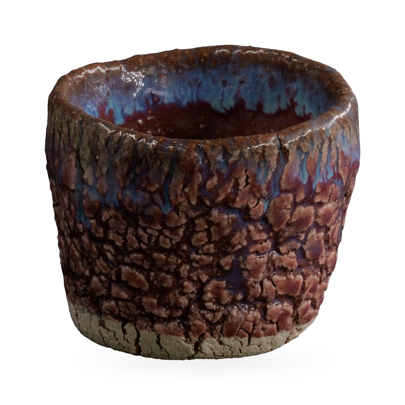 Round rustic pot with raised purple-pink crackle glaze and blue glaze drips at the rim – view 2