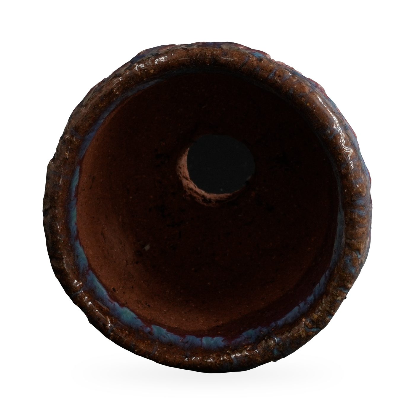 Round rustic pot with raised purple-pink crackle glaze and blue glaze drips at the rim – view 3