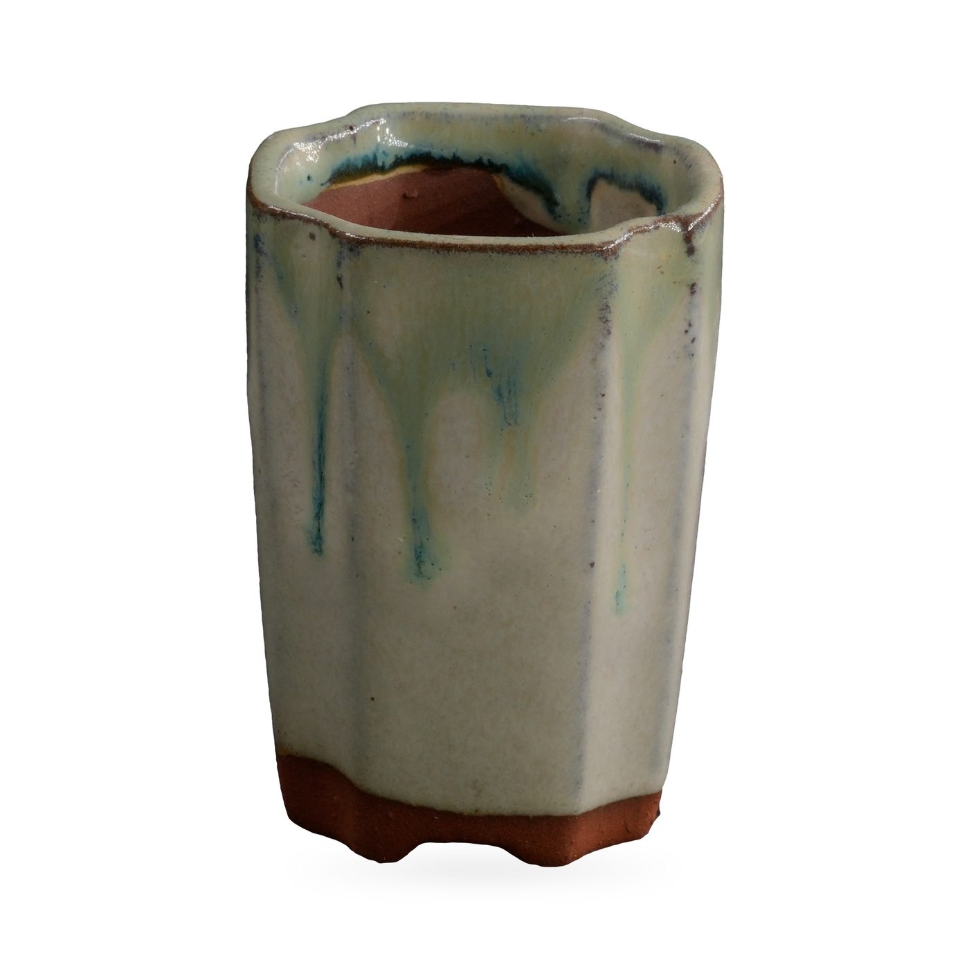 Tall faceted cream pot with sea-green drip glaze from the rim and red-brown clay feet – view 2