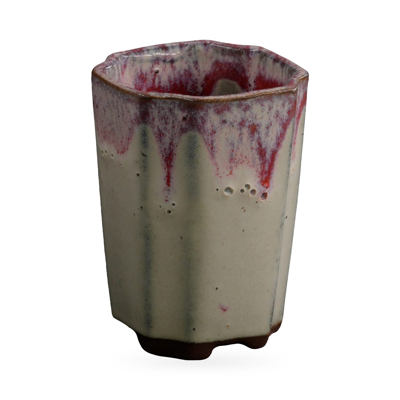 Slim faceted cream pot with speckled red-purple drip glaze from the rim – view 2
