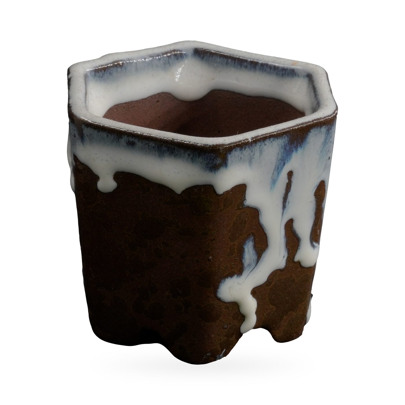 Hexagonal dark brown textured pot with thick white glaze dripping from the rim – view 2