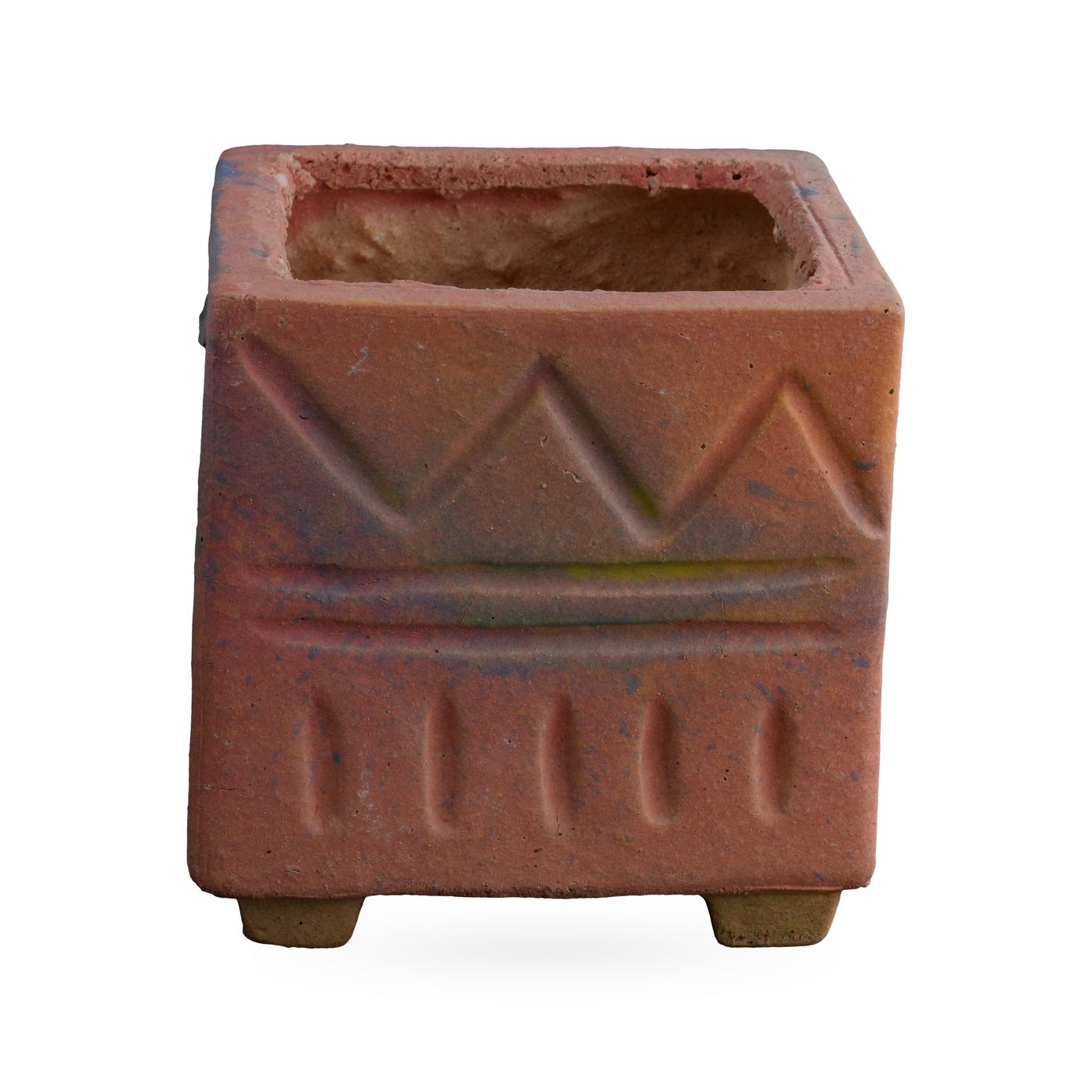 Matte dusty pink square pot with raised zigzag and dash pattern, on small feet