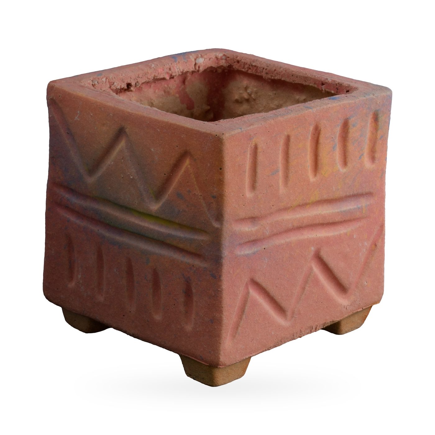 Matte dusty pink square pot with raised zigzag and dash pattern, on small feet – view 2