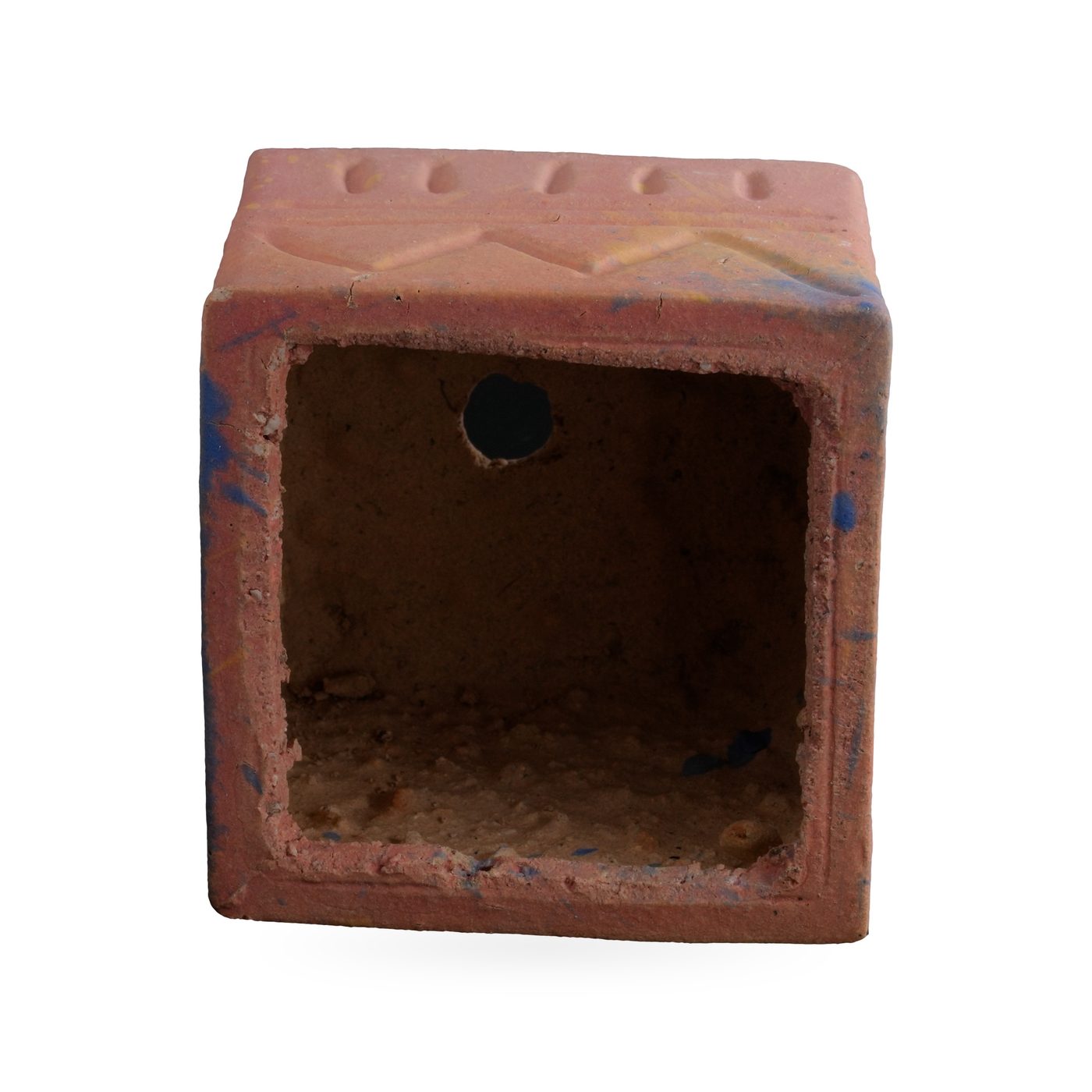Matte dusty pink square pot with raised zigzag and dash pattern, on small feet – view 3