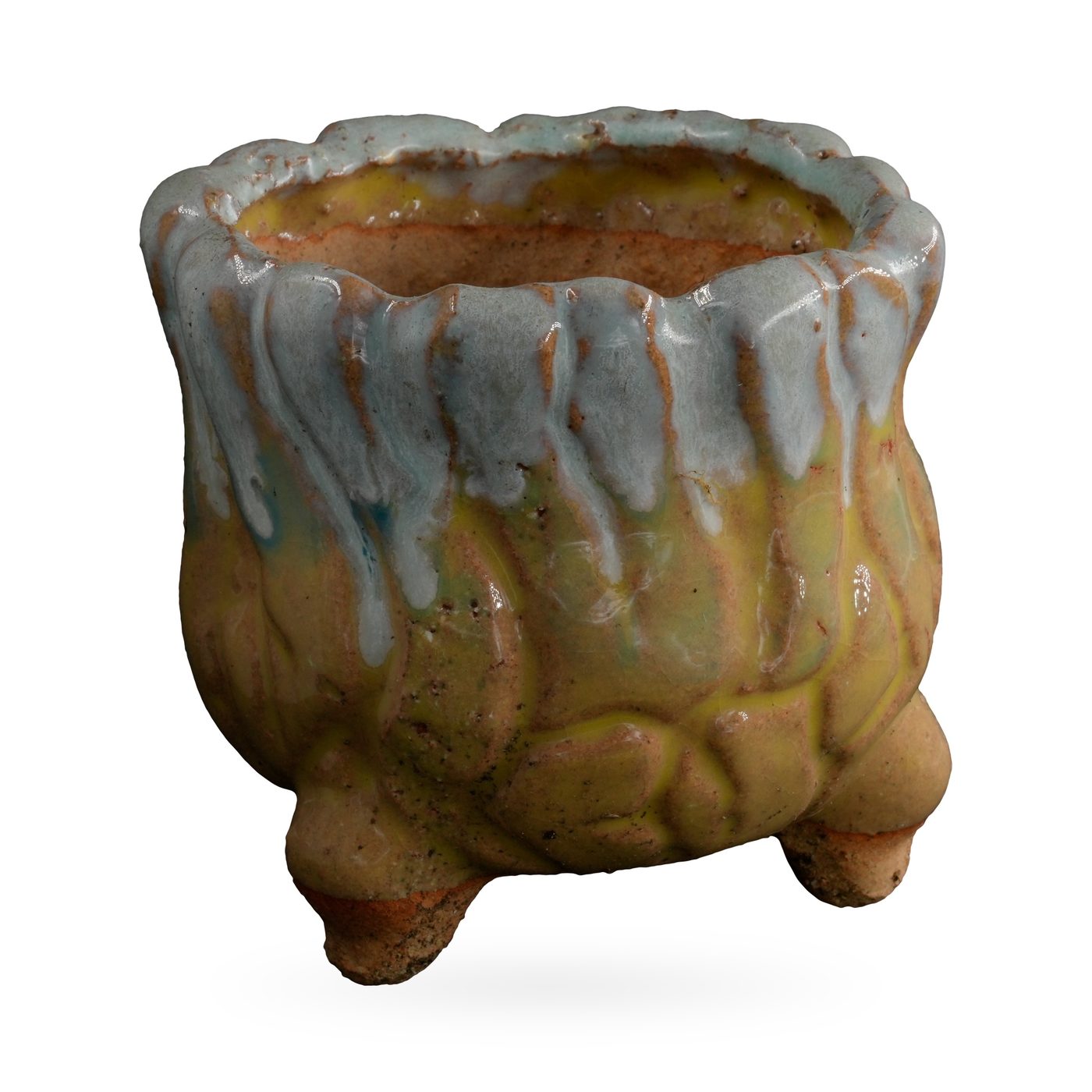 Rounded mustard-yellow footed pot with pale blue glaze dripping from a wavy rim – view 2