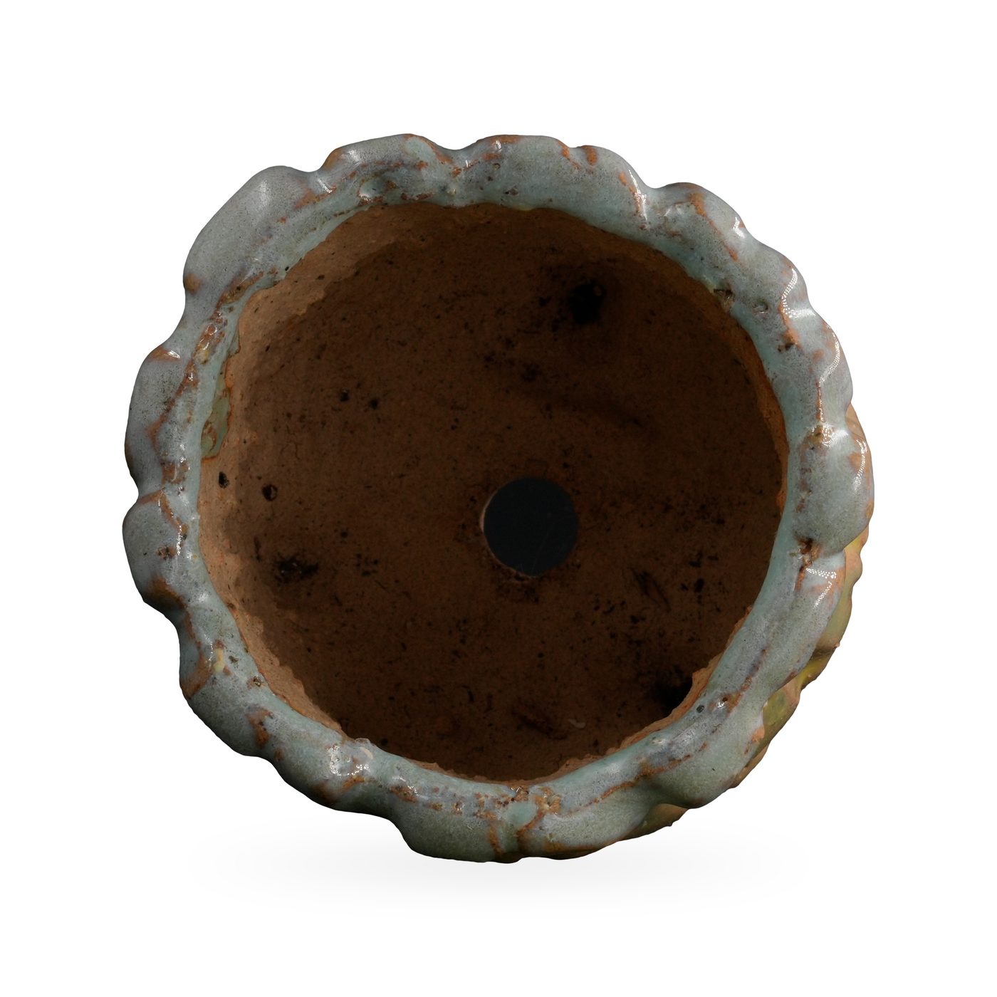 Rounded mustard-yellow footed pot with pale blue glaze dripping from a wavy rim – view 3