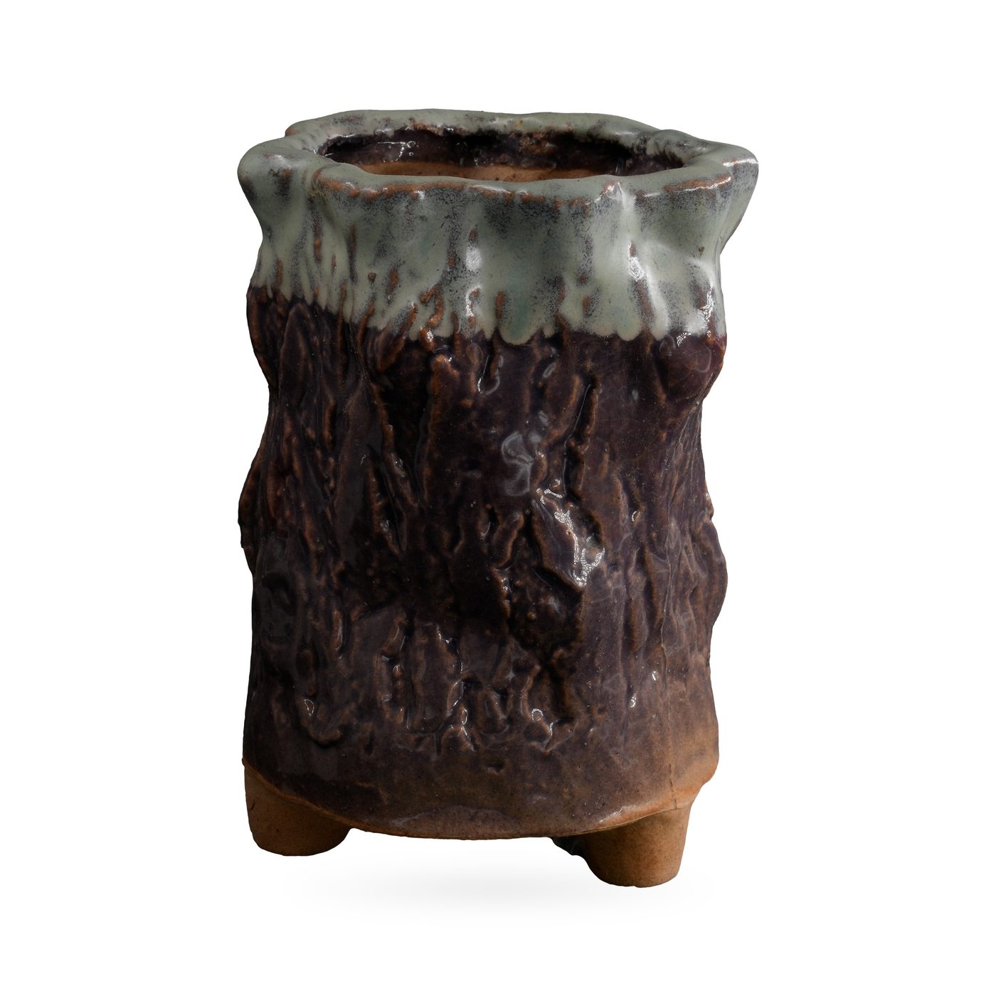 Tall plum-brown bark-textured footed pot with sage green glaze dripping from a wavy rim – view 2