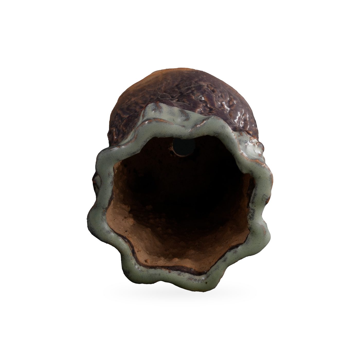 Tall plum-brown bark-textured footed pot with sage green glaze dripping from a wavy rim – view 3
