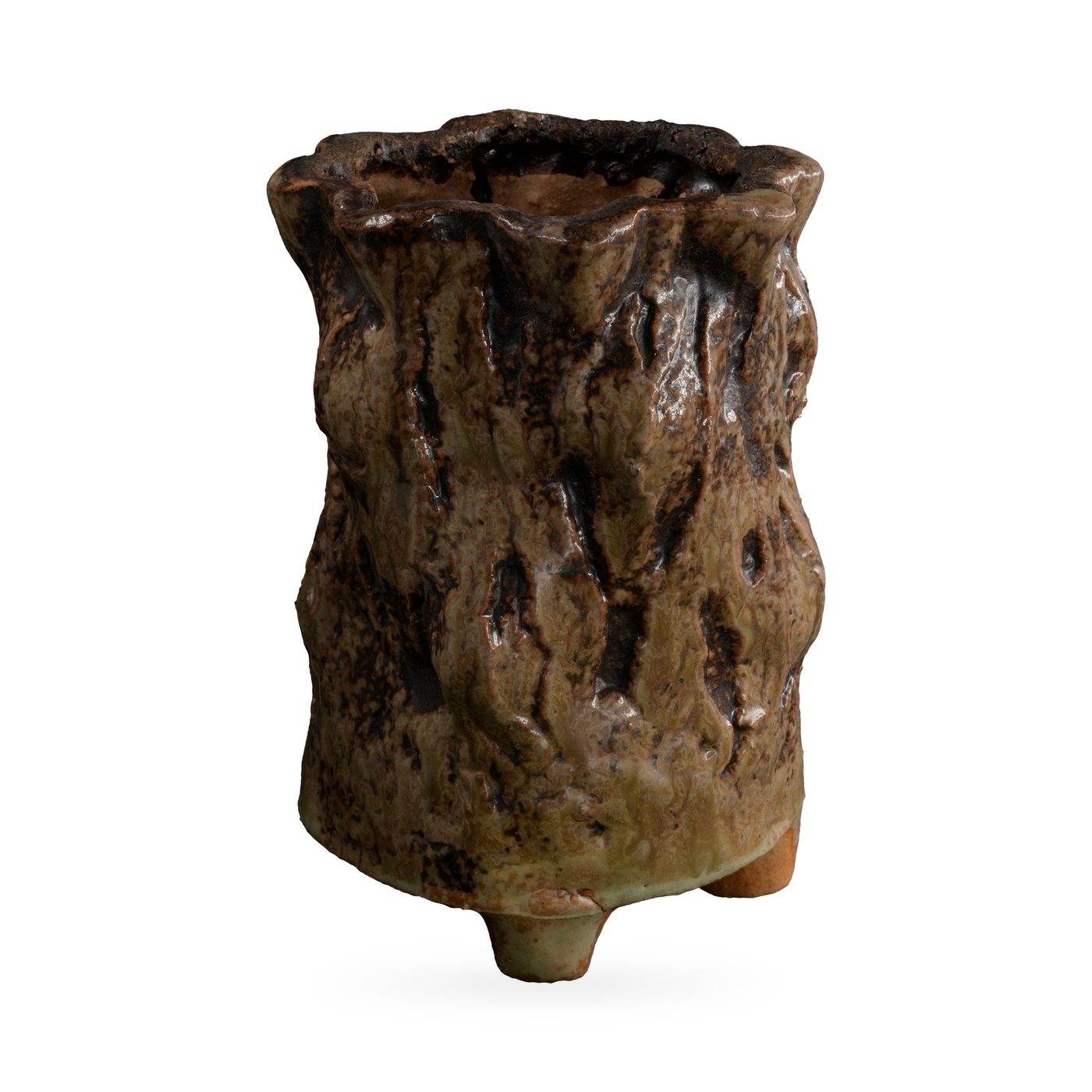 Tall olive green and dark brown bark-textured footed pot with a wavy rim – view 2