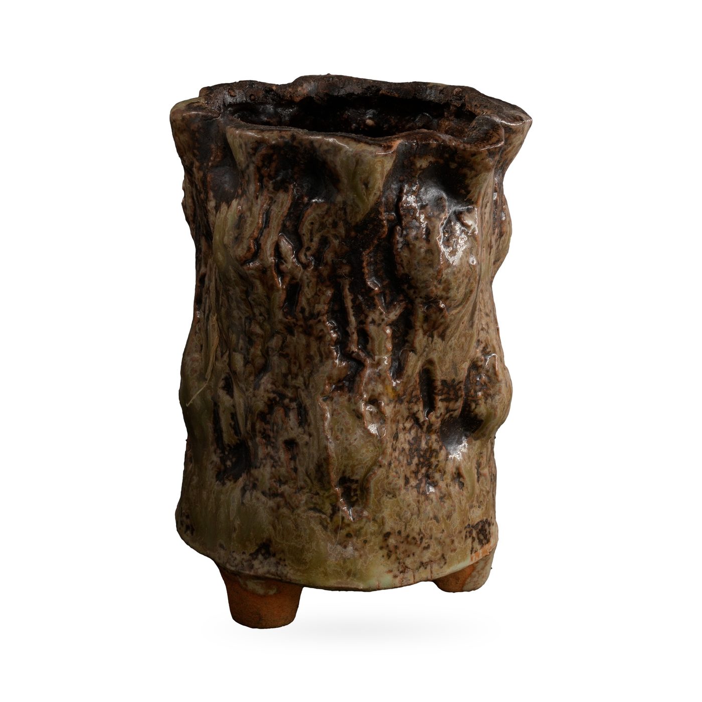 Tall olive green and dark brown bark-textured footed pot with a wavy rim