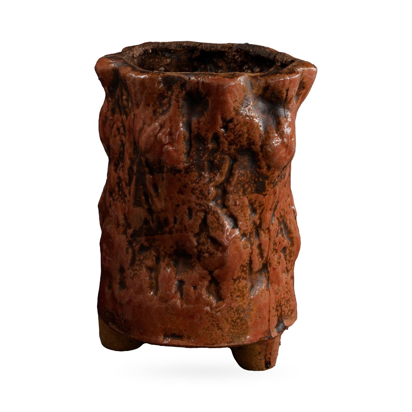 Tall rust-red bark-textured footed pot with dark brown tones and a wavy rim – view 2