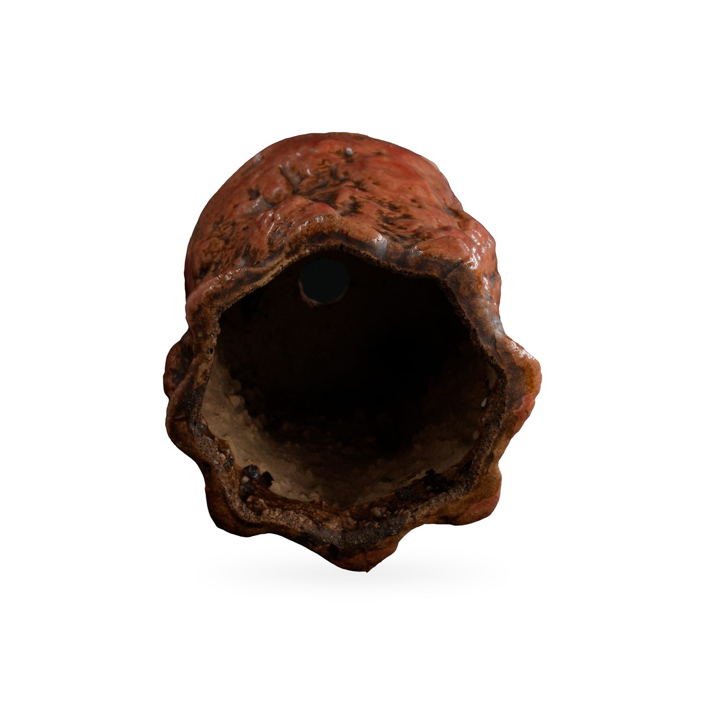 Tall rust-red bark-textured footed pot with dark brown tones and a wavy rim – view 3