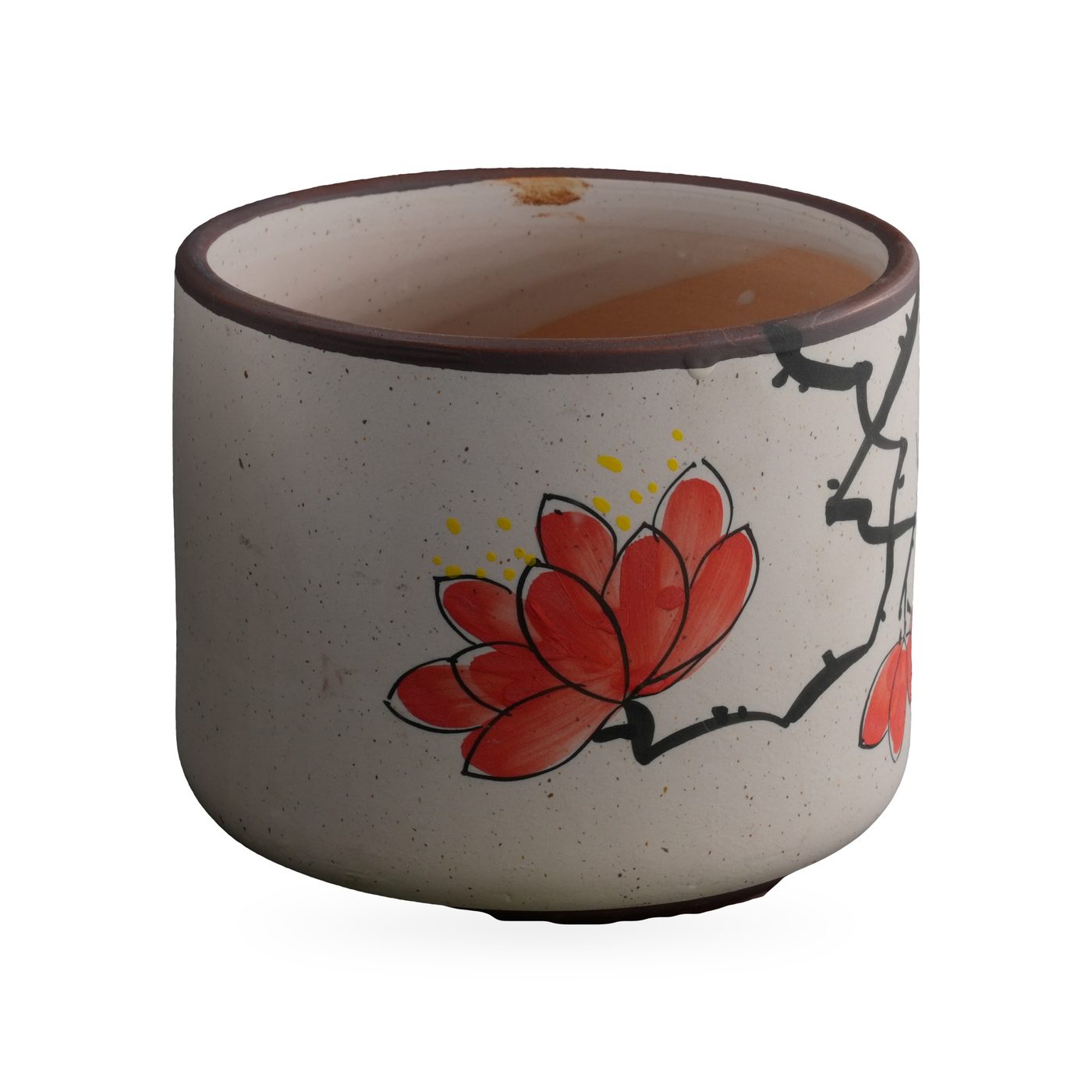 Speckled cream cylinder pot painted with red blossoms, a black branch and a yellow butterfly – view 2