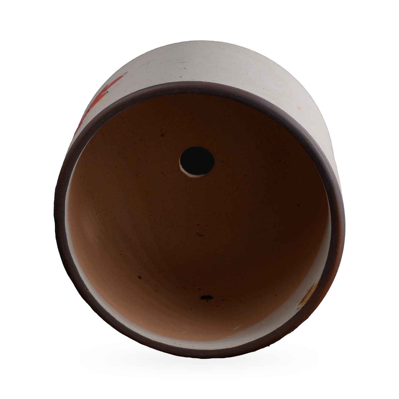 Speckled cream cylinder pot painted with red blossoms, a black branch and a yellow butterfly – view 3