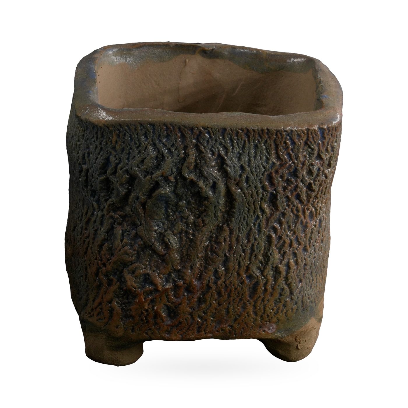 Square footed pot with deep bark-like texture in mottled grey-brown glaze with hints of blue and rust