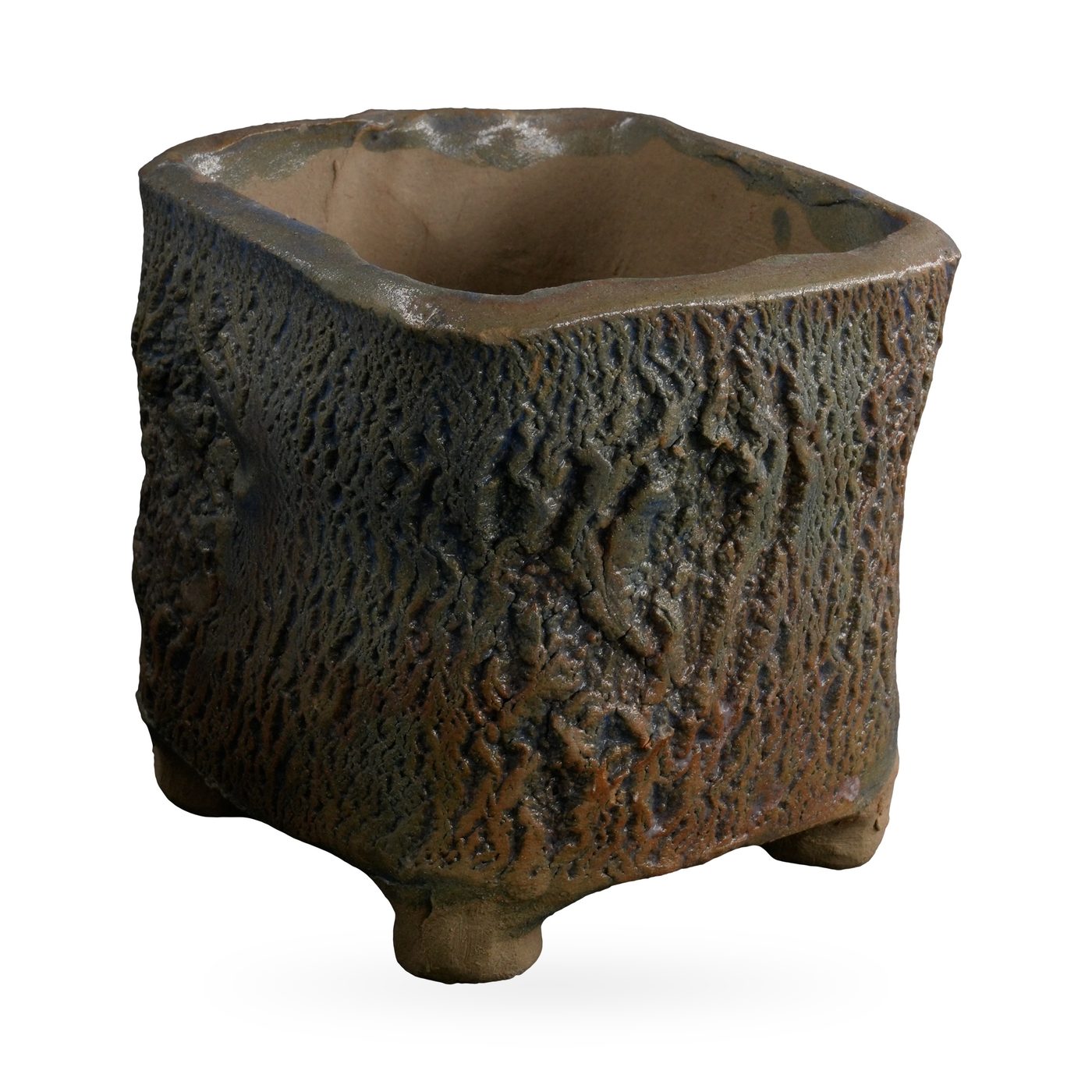 Square footed pot with deep bark-like texture in mottled grey-brown glaze with hints of blue and rust – view 2