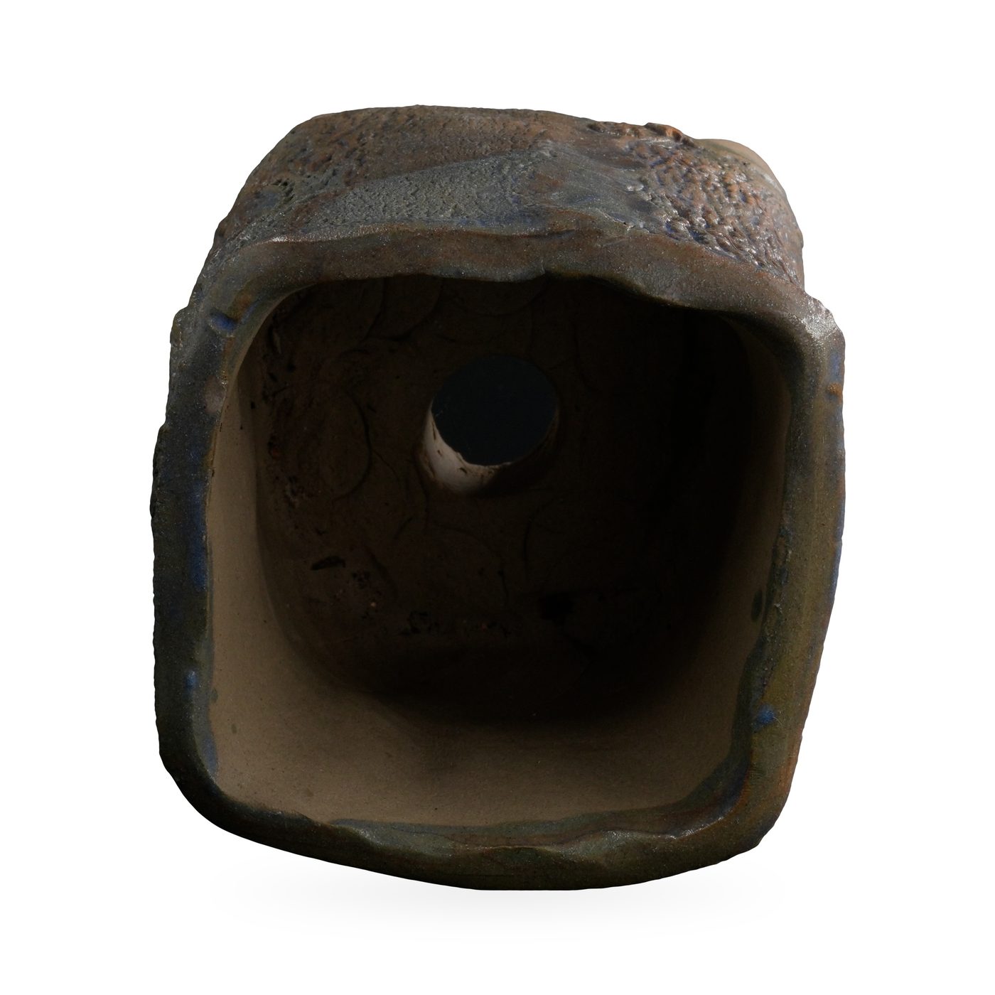 Square footed pot with deep bark-like texture in mottled grey-brown glaze with hints of blue and rust – view 3