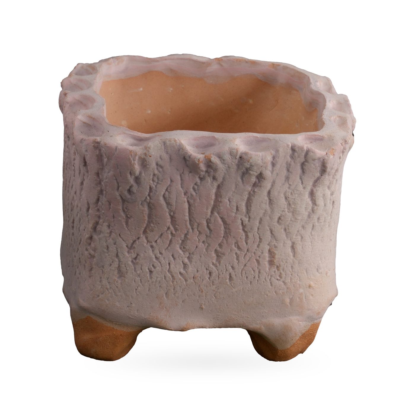 Pink-white square footed pot with bark-like texture, scalloped rim and terracotta-coloured feet
