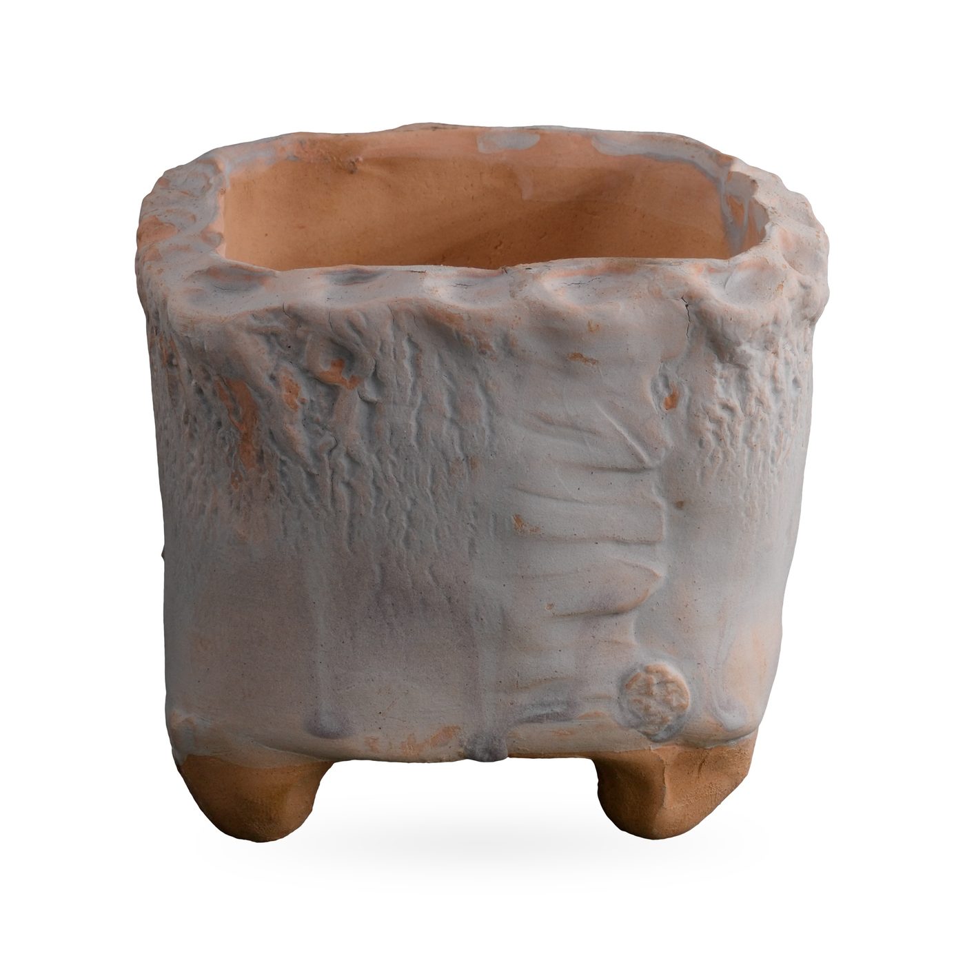 Pale white-blue square footed pot with feather-like ridge, round stamped motif and scalloped rim