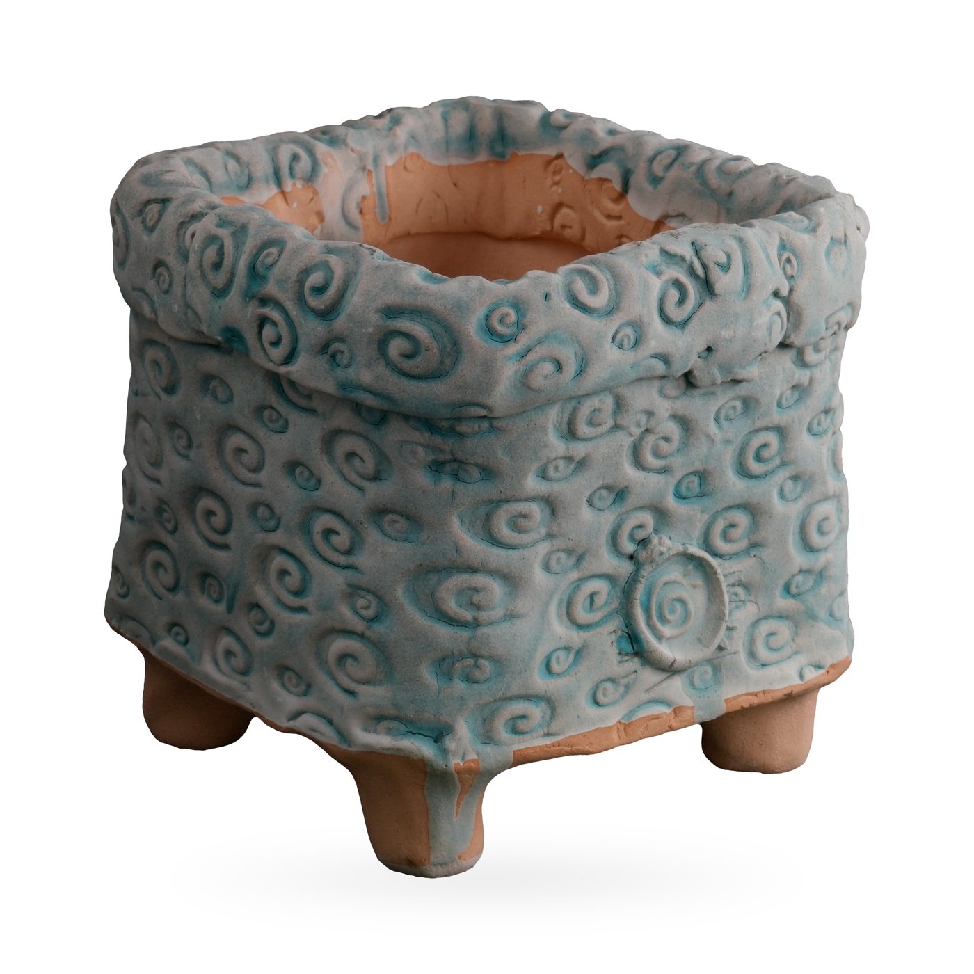 Square footed pot covered in raised swirls with grey-blue and teal glaze and a folded collar rim – view 2