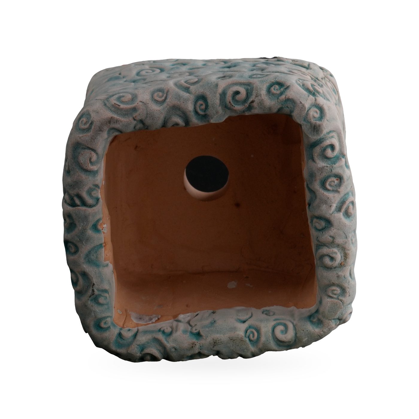 Square footed pot covered in raised swirls with grey-blue and teal glaze and a folded collar rim – view 3
