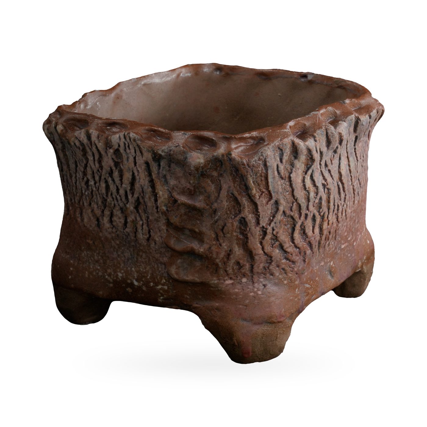 Rust-brown square footed pot with deep bark-like texture, ladder-like ridged corner and scalloped rim – view 2
