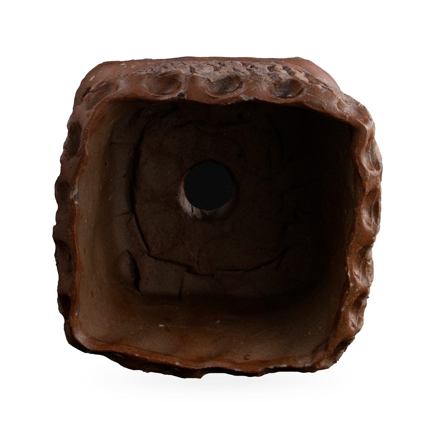 Rust-brown square footed pot with deep bark-like texture, ladder-like ridged corner and scalloped rim – view 3