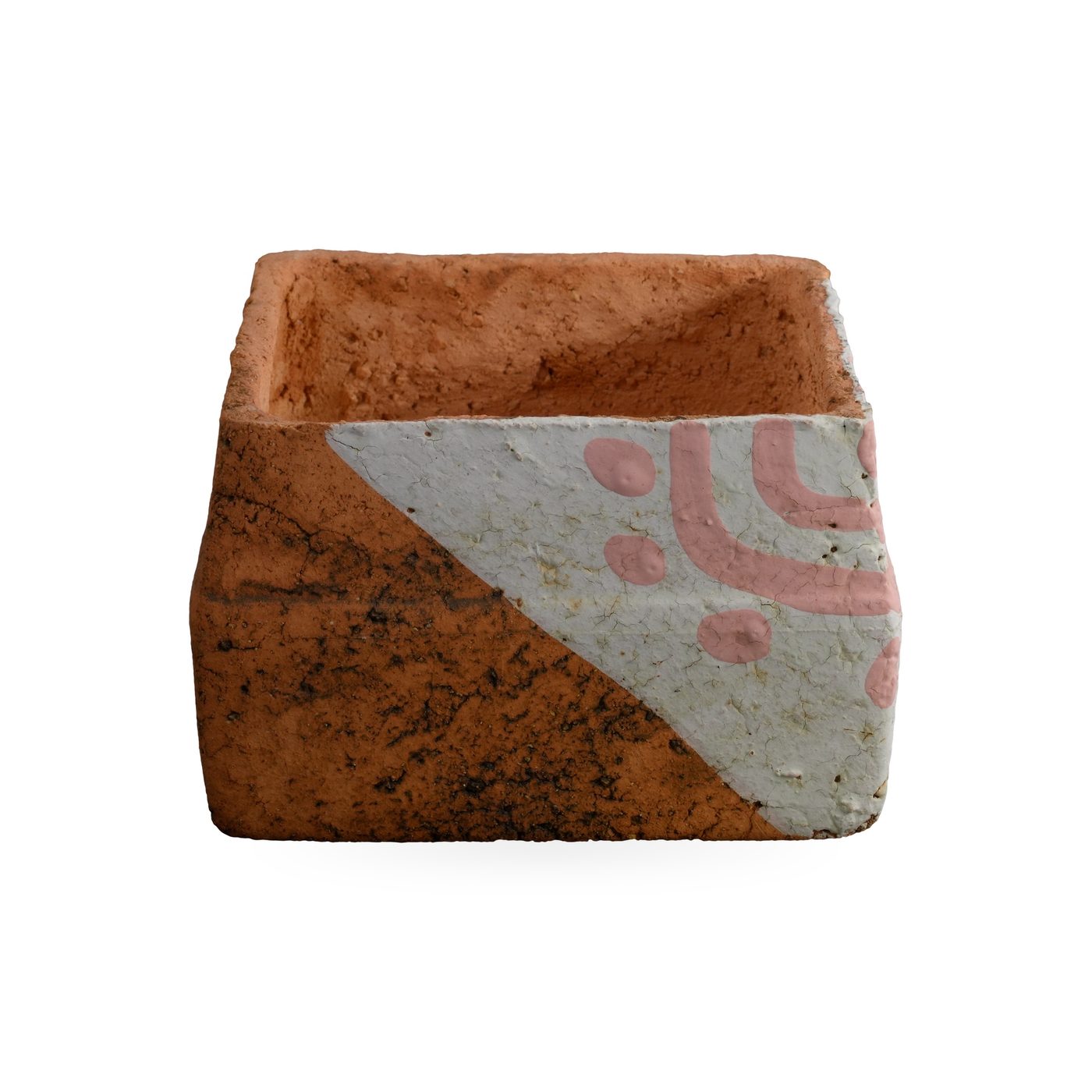 Low orange square pot with dark mottling and a white triangular corner panel with pink arc-and-dot motif – view 2
