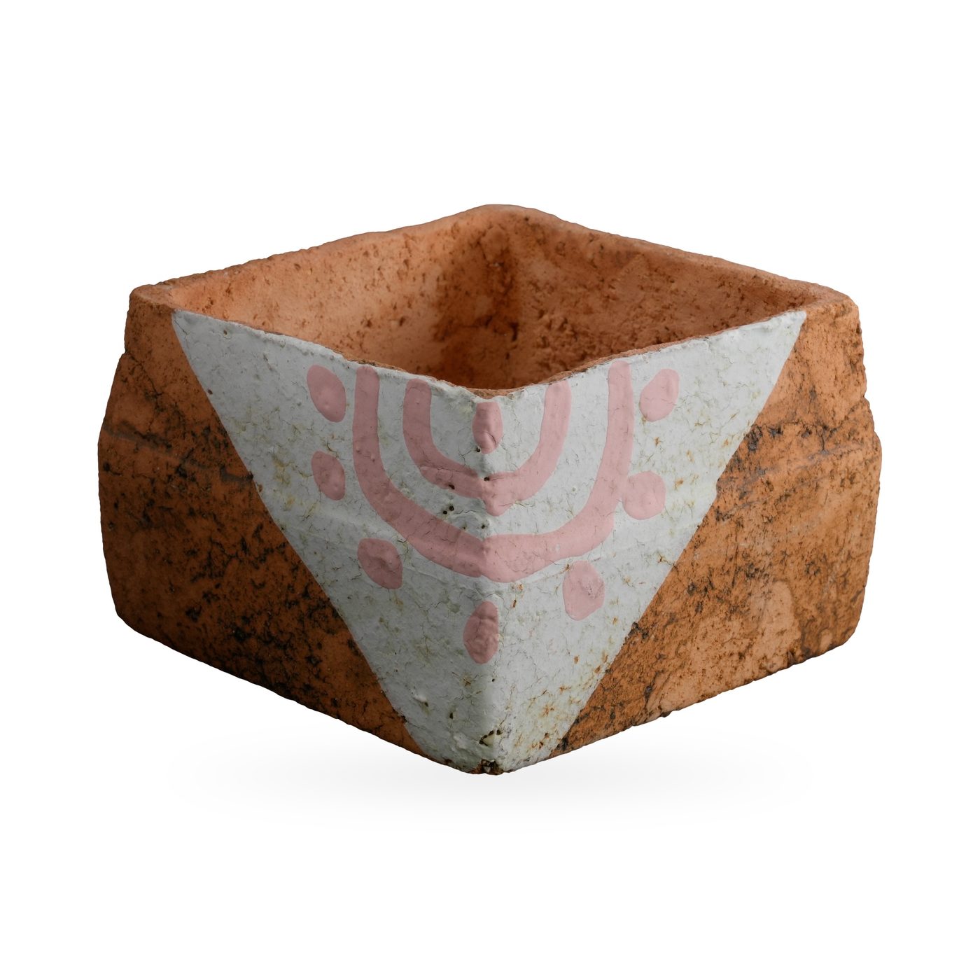 Low orange square pot with dark mottling and a white triangular corner panel with pink arc-and-dot motif