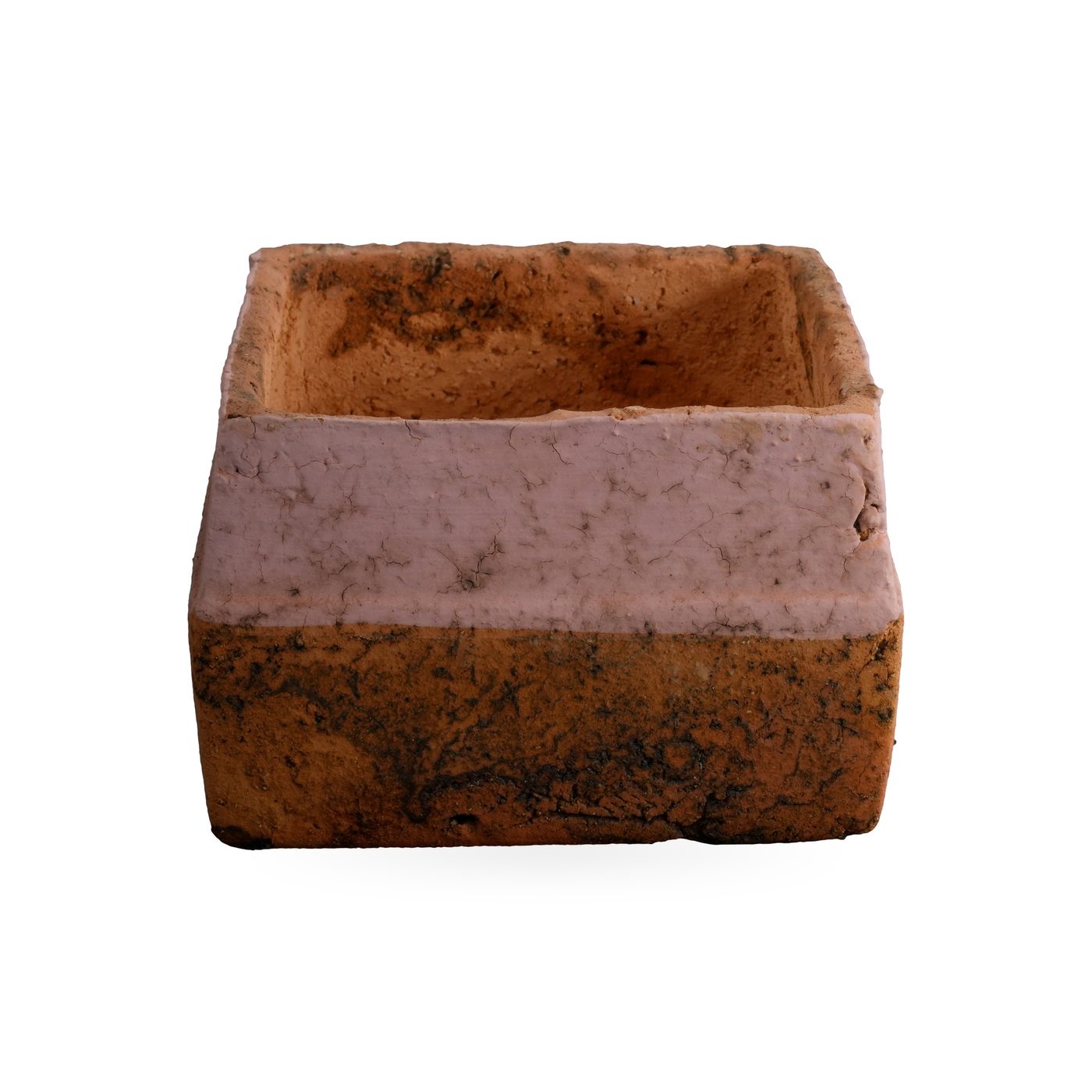 Low orange square pot with dark mottling and a wide soft pink band around the upper sides