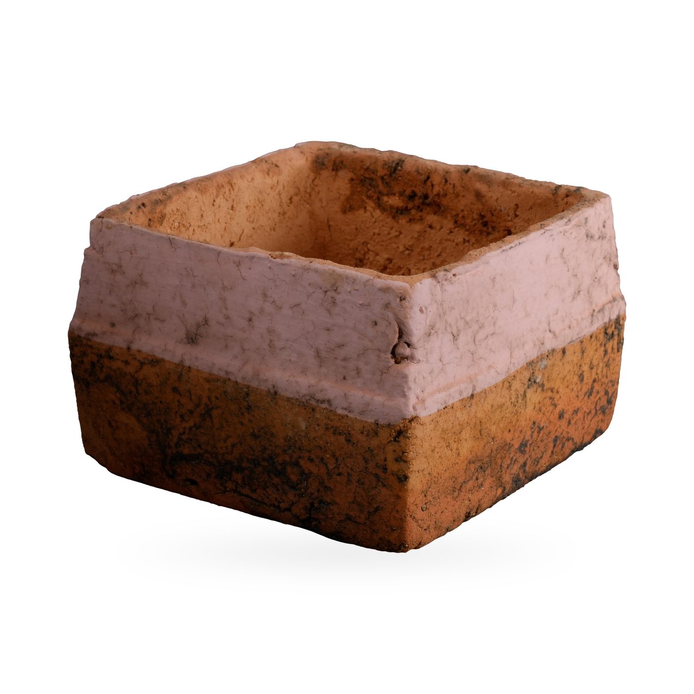 Low orange square pot with dark mottling and a wide soft pink band around the upper sides – view 2