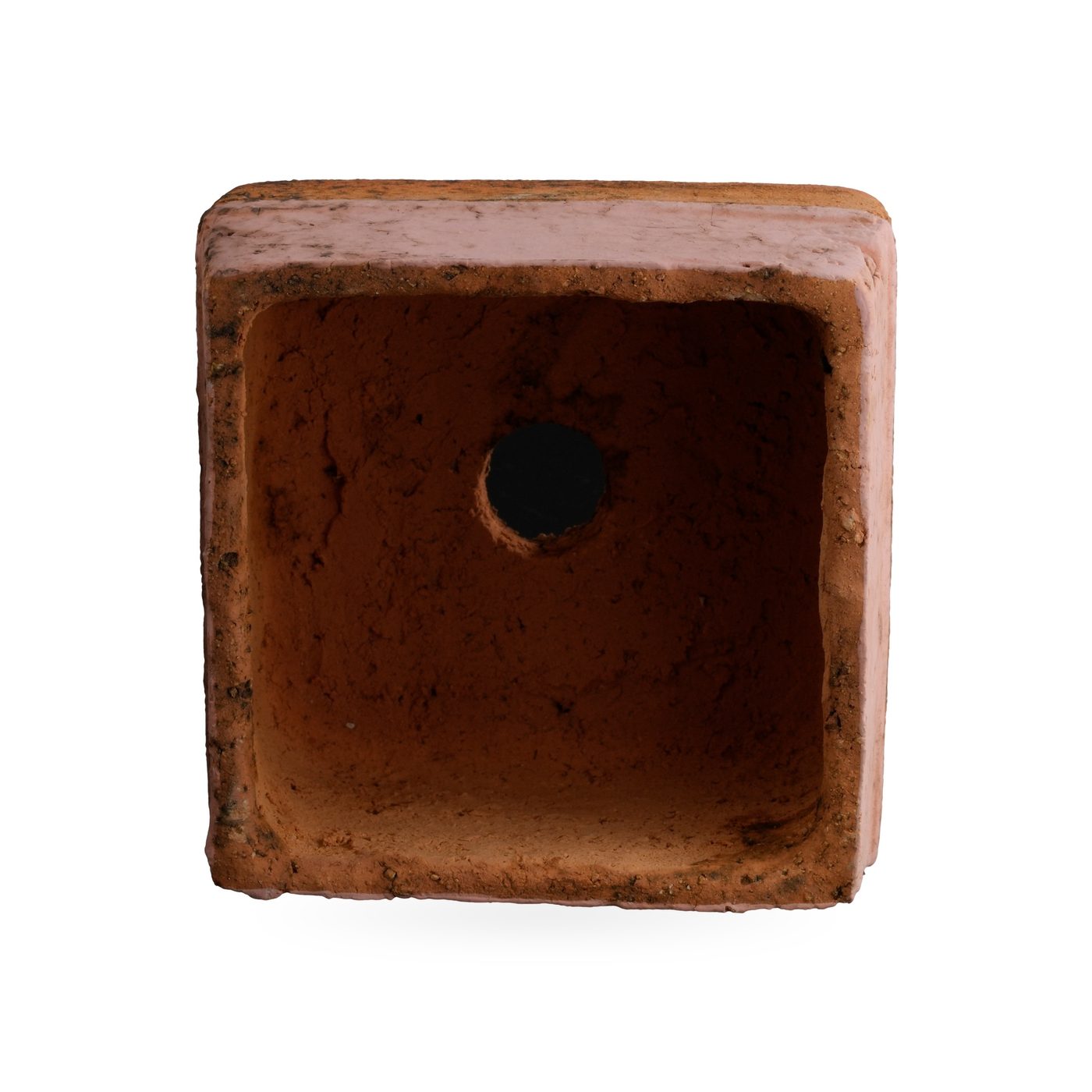 Low orange square pot with dark mottling and a wide soft pink band around the upper sides – view 3
