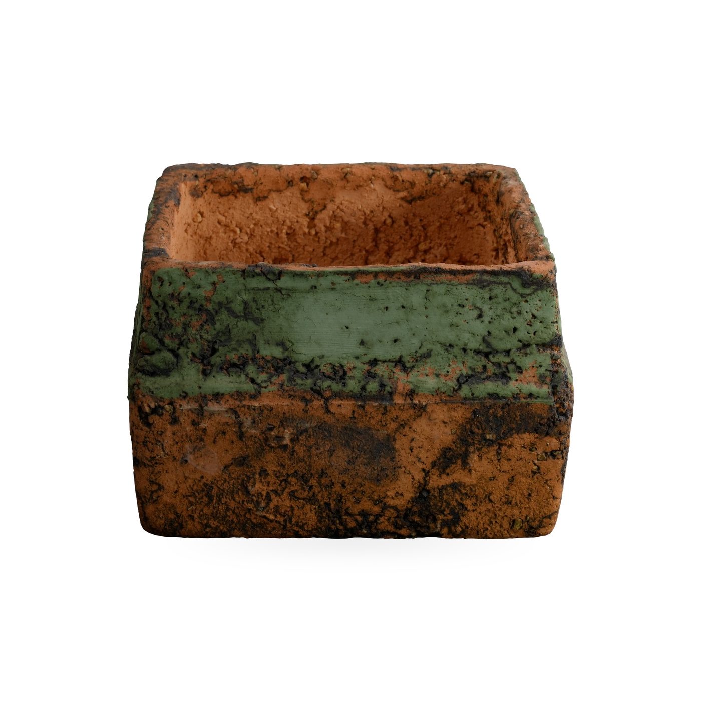 Low orange square pot with heavy dark mottling and a weathered moss-green band around the upper sides