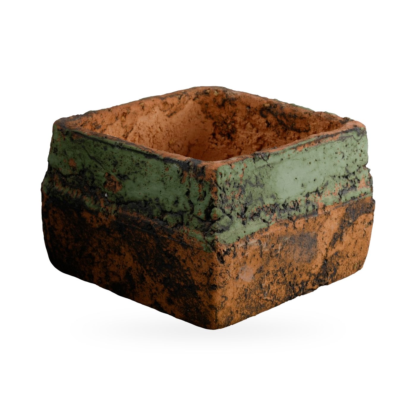 Low orange square pot with heavy dark mottling and a weathered moss-green band around the upper sides – view 2