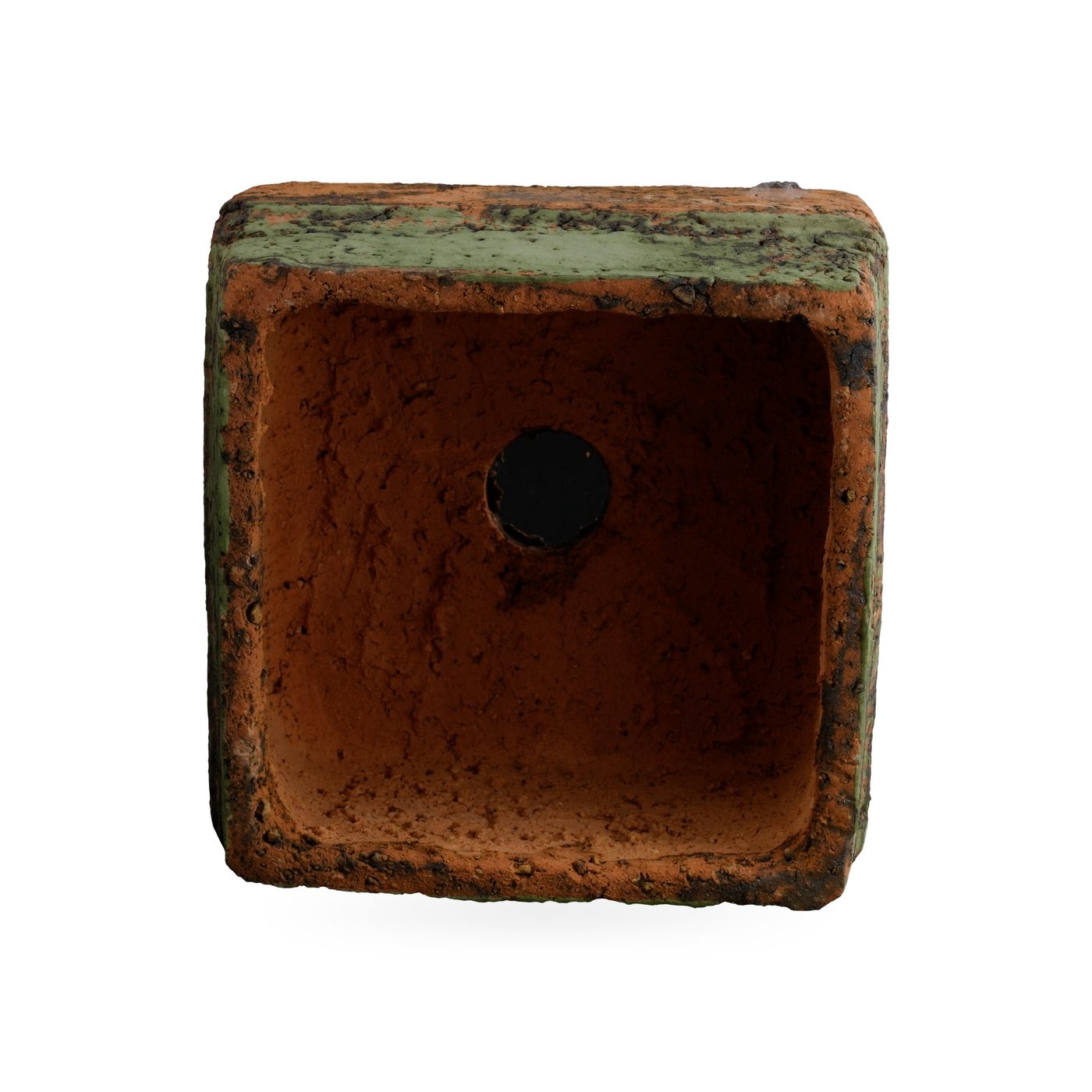 Low orange square pot with heavy dark mottling and a weathered moss-green band around the upper sides – view 3