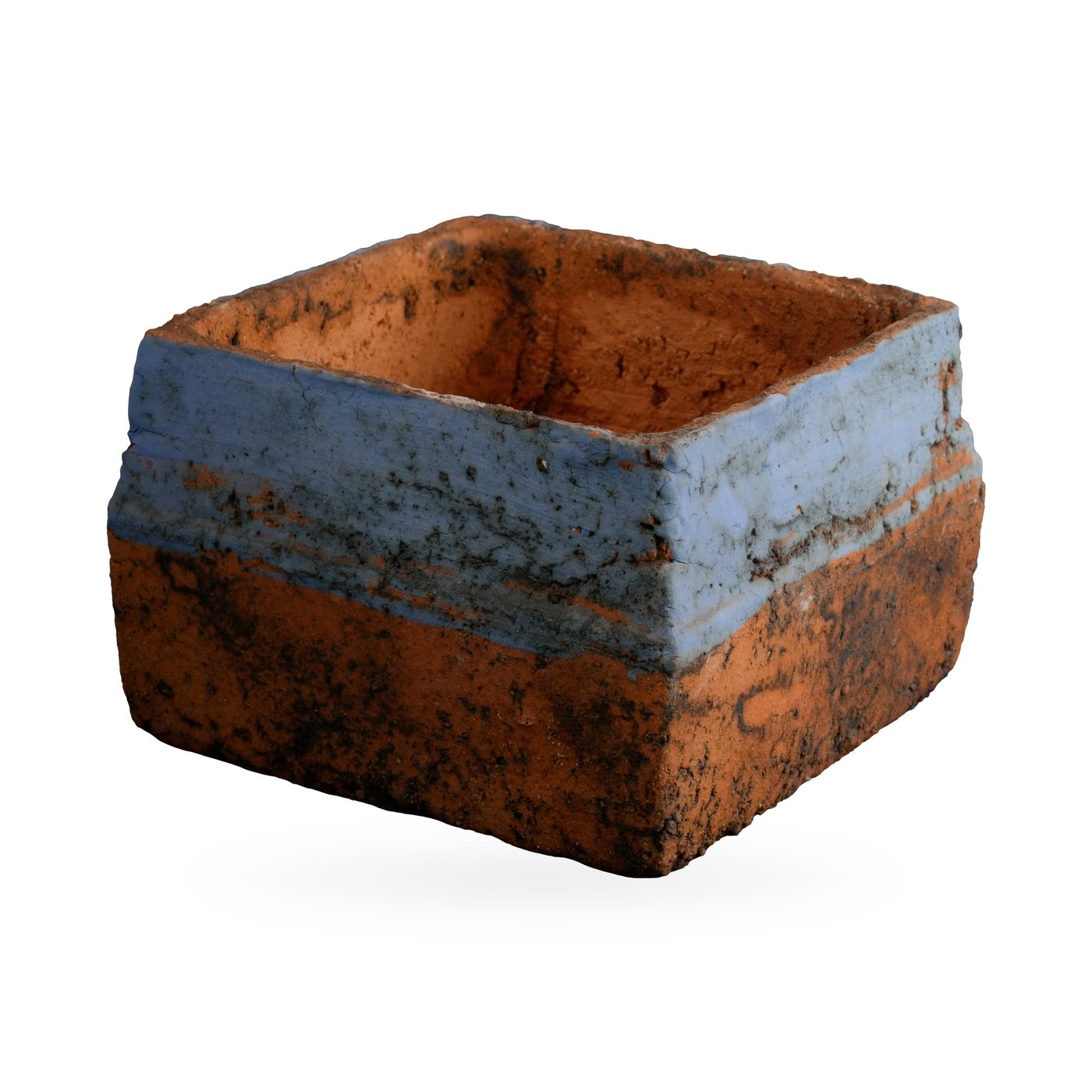 Low orange square pot with dark mottling and a dusty periwinkle-blue band around the upper sides – view 2