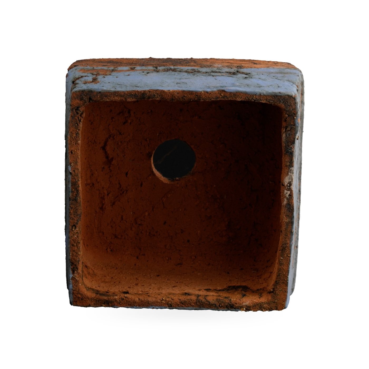 Low orange square pot with dark mottling and a dusty periwinkle-blue band around the upper sides – view 3
