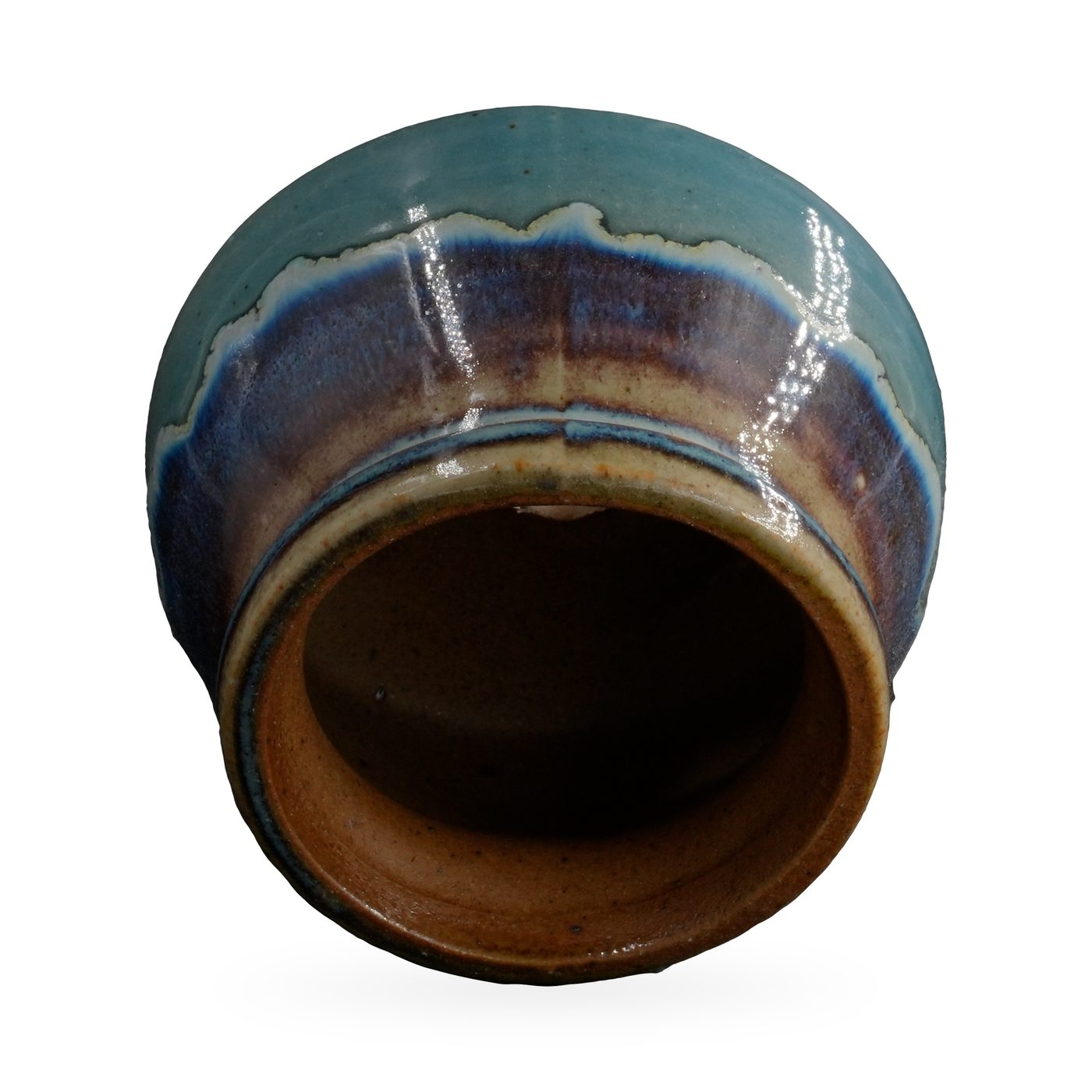 Squat round footed pot with glossy teal base, blue-purple drip band and speckled brown rolled rim – view 3
