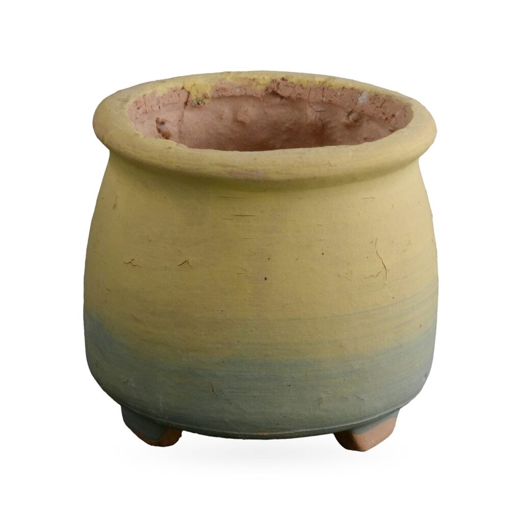Butter yellow to dusty blue ombré footed succulent pot with a rough rolled rim and bare clay interior
