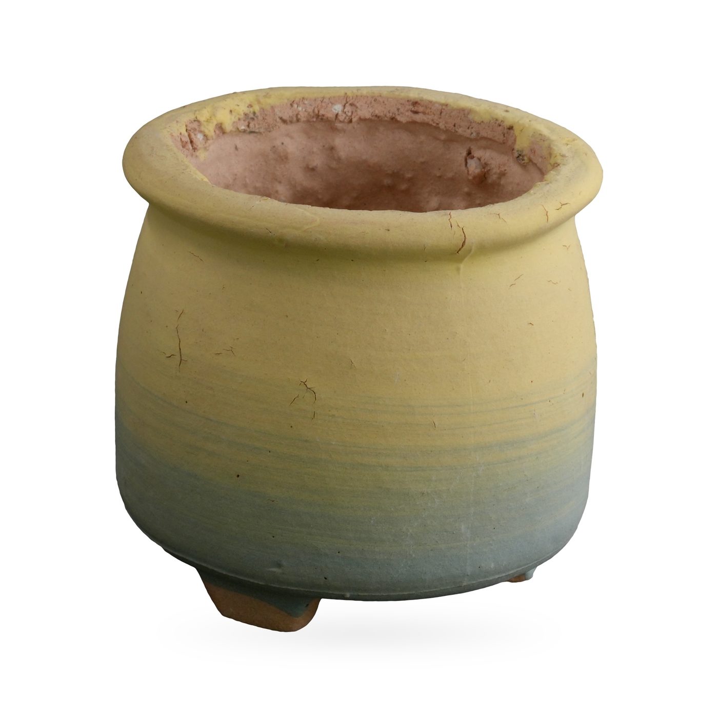 Butter yellow to dusty blue ombré footed succulent pot with a rough rolled rim and bare clay interior – view 2